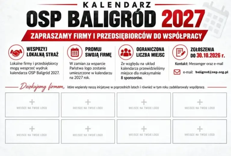 OSP Baligród szuka sponsorów na kalendarz 2027 – zostało miejsce dla ośmiu firm