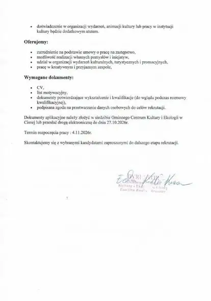 Cisna Centrum Kultury szuka nowego pracownika – nabór trwa do 30 października